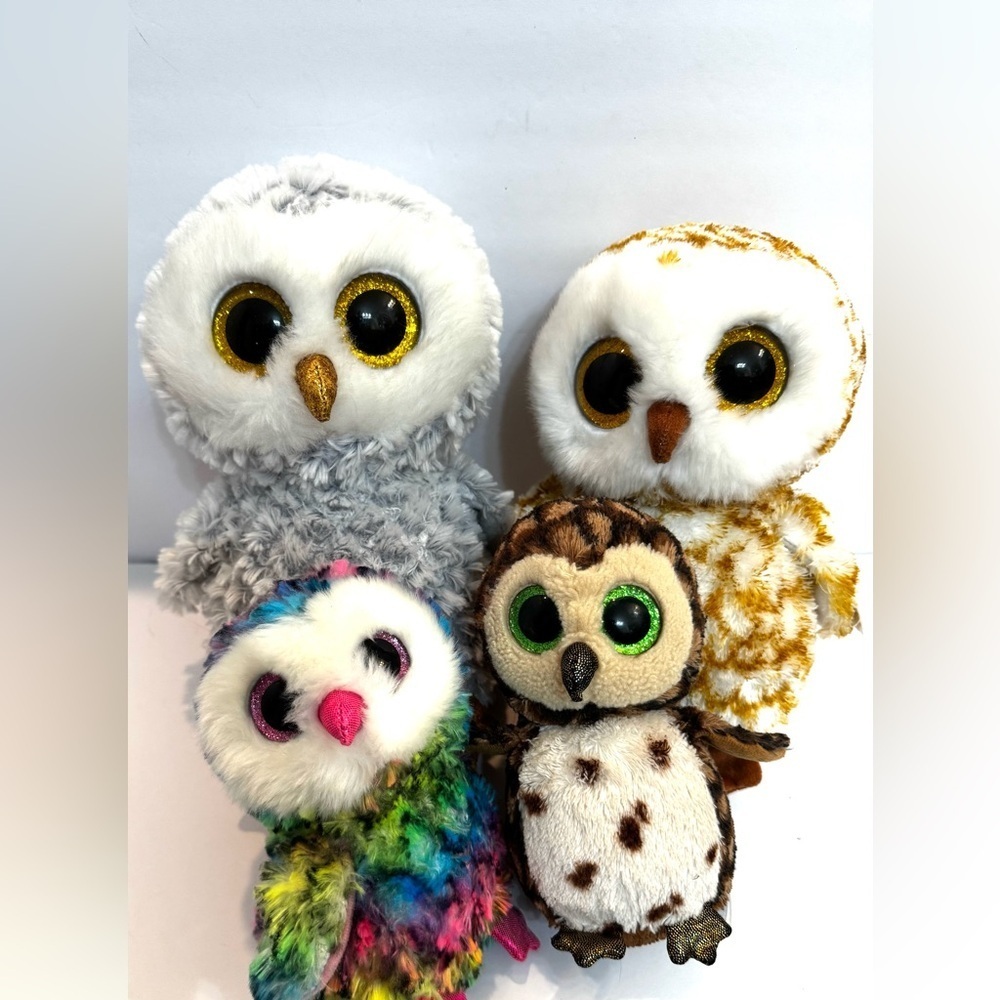 4 Ty Beanie Boo Owl Plushies Owen, Sammy, Owlette, Swoops Stuffed Animals